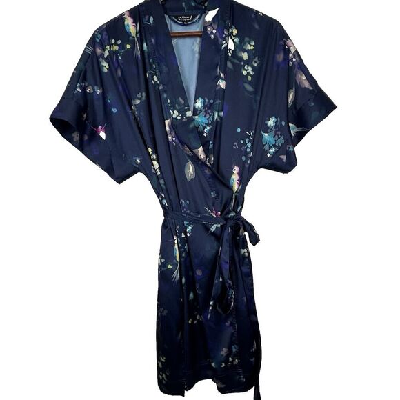 Soma Other - Soma Sensual Robe Wrap Kimono Floral Hummingbird Satin Boudoir Blue Size S/M